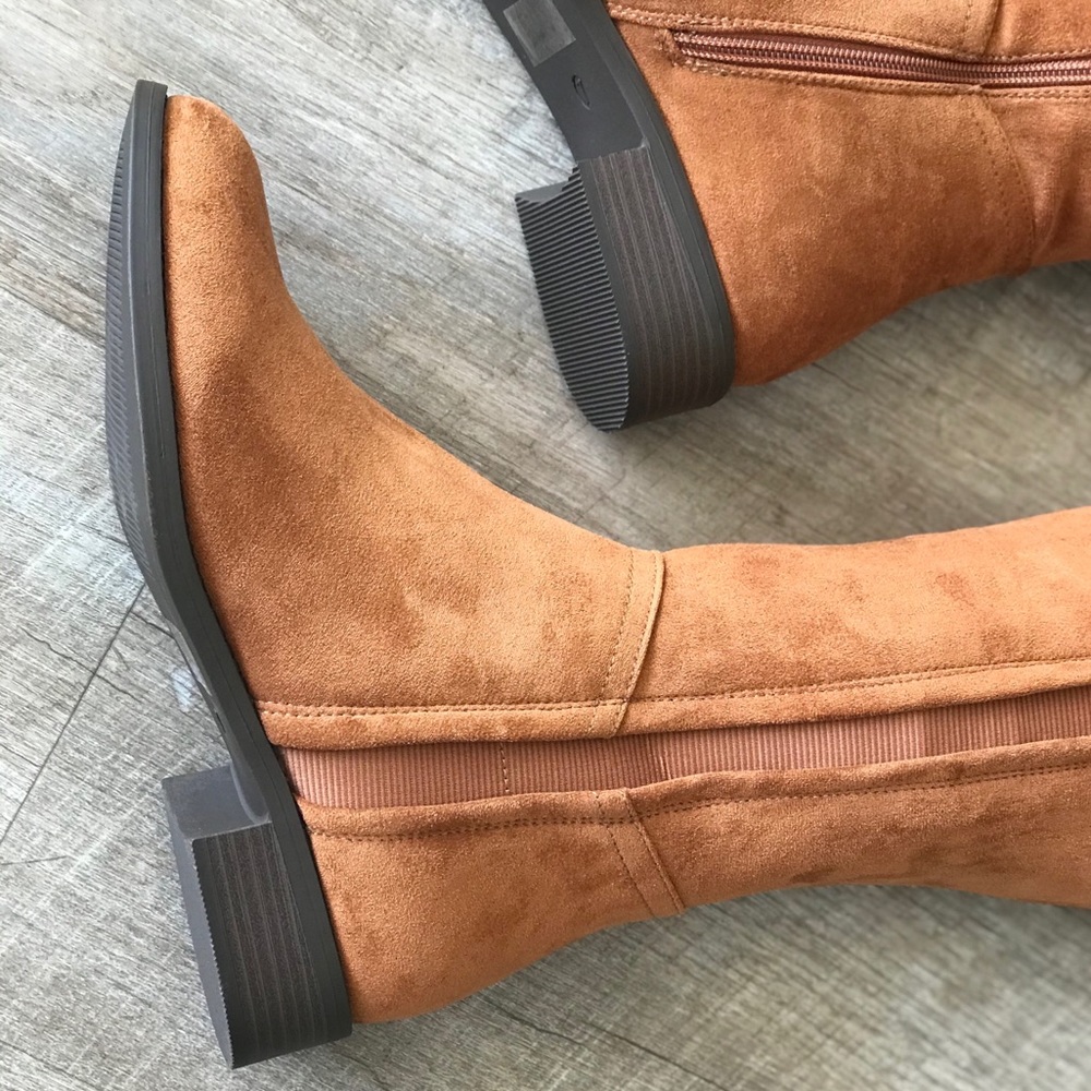 TRIXI Tan Suede Knee High Stacked Heel Riding Boot - Picture 2 of 8